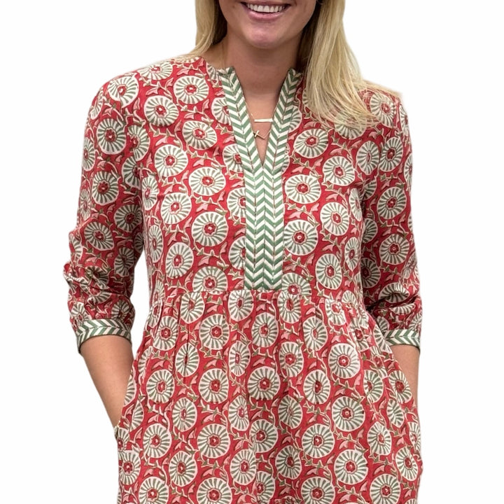 The Daniella Embroidered Trim Dress in Coral and Lime Floral Hand-Blocked Cotton — view 4