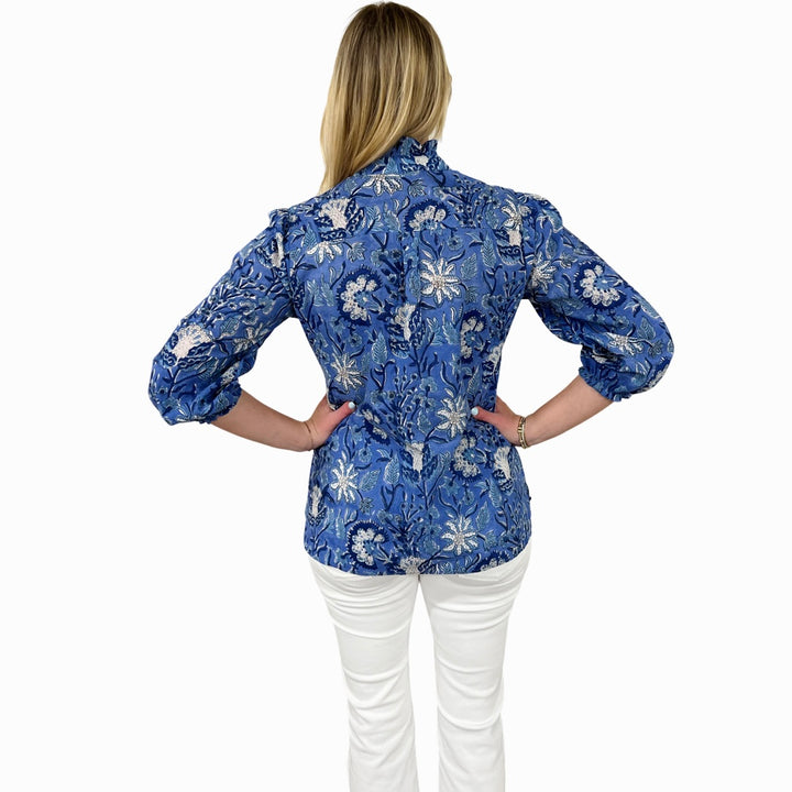 The Tricia Ruffle Trimmed Button Front Top in Blue Hand Blocked Floral — view 7