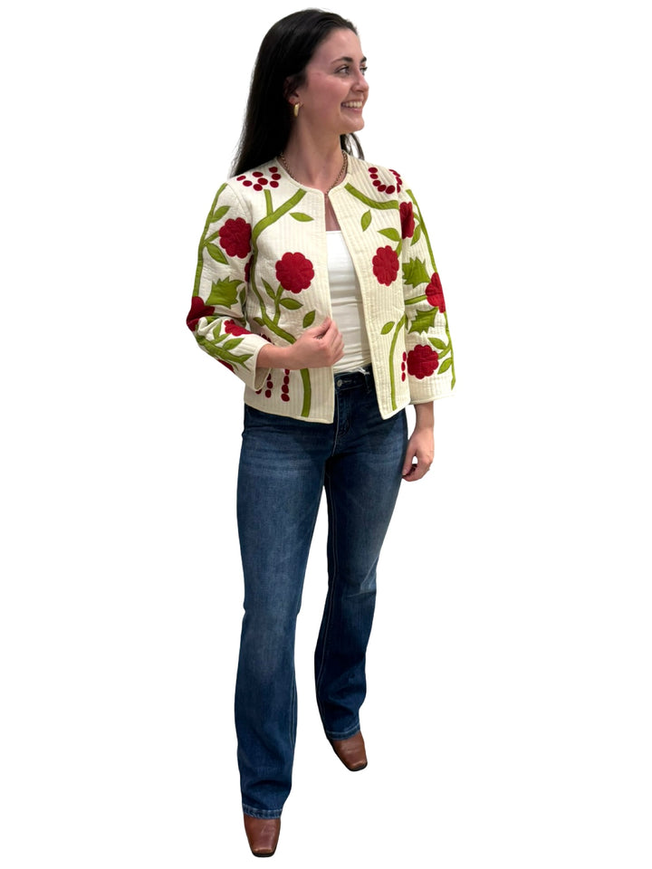The Nellie Applique Jacket in Ivory Crimson Floral — view 3
