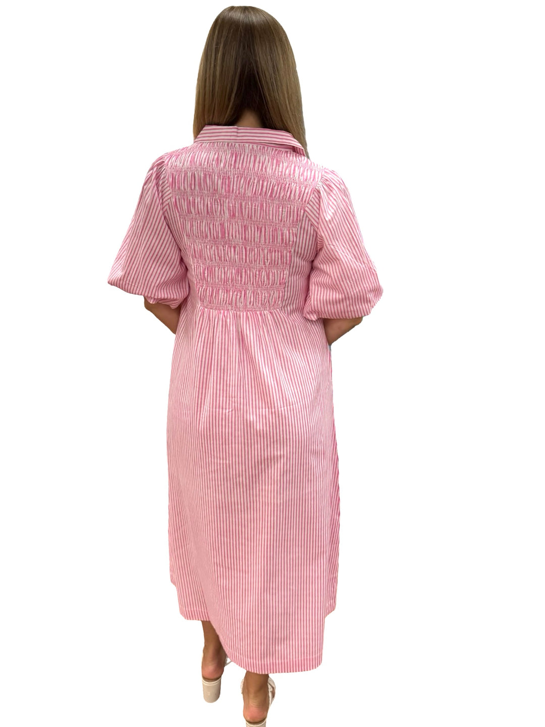 The Joanie Smocked Dress in Pink and White Stripe — view 8