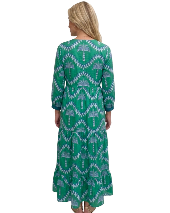 The Daniella Cotton Embroidered Trim Dress in Green Blue Palm Print — view 3