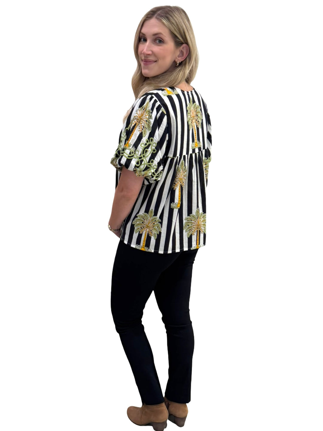 The Poppy Striped Palm Print Top in Black and White — view 6