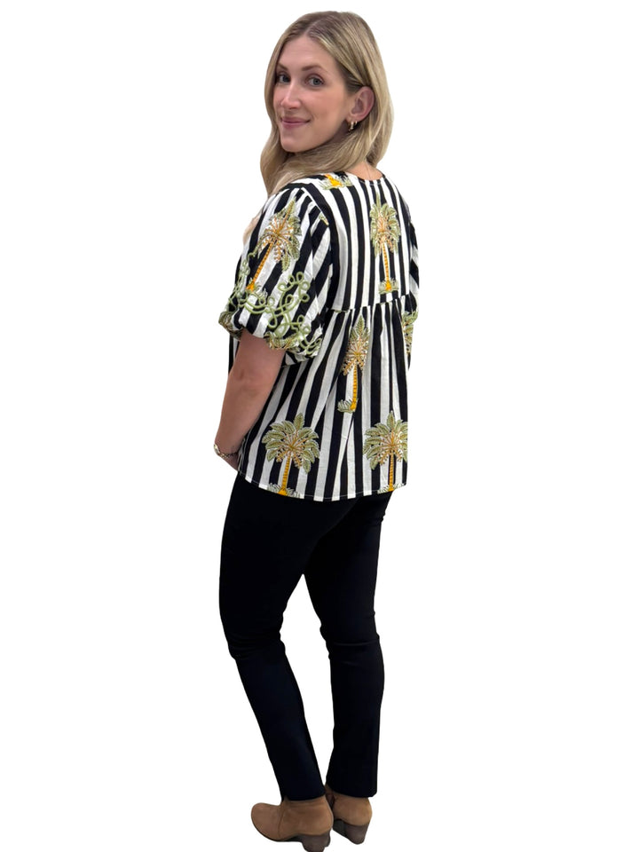 The Poppy Striped Palm Print Top in Black and White — view 6