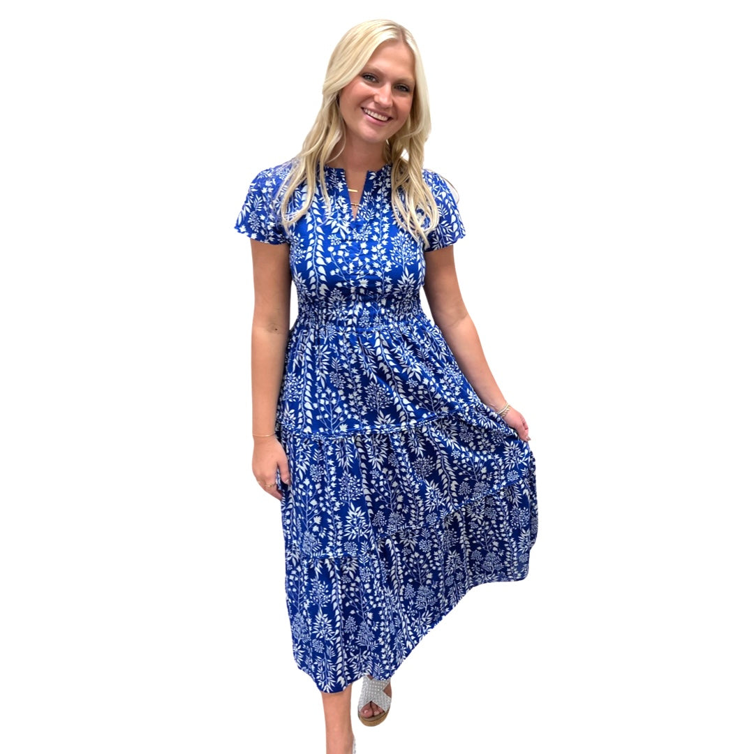 The Sydney Cinch Waist Dress in Royal and White Floral — view 4