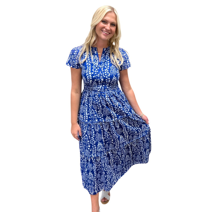 The Sydney Cinch Waist Dress in Royal and White Floral — view 4