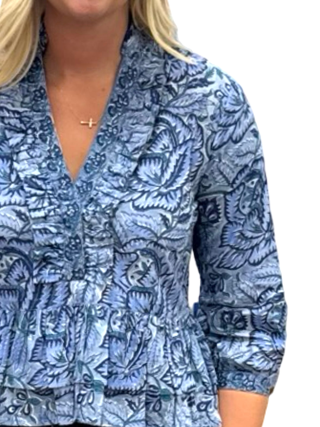 The Bella 3/4 Sleeve Ruffle Trim Top in Blue Hand Block Printed Floral