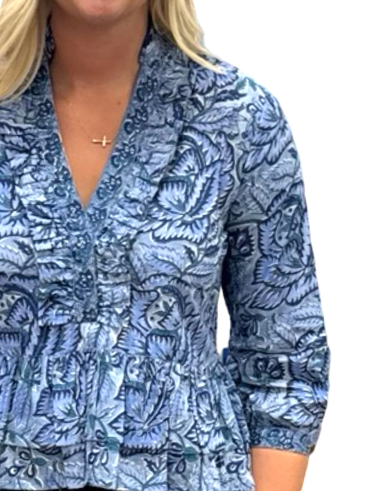 The Bella 3/4 Sleeve Ruffle Trim Top in Blue Hand Block Printed Floral