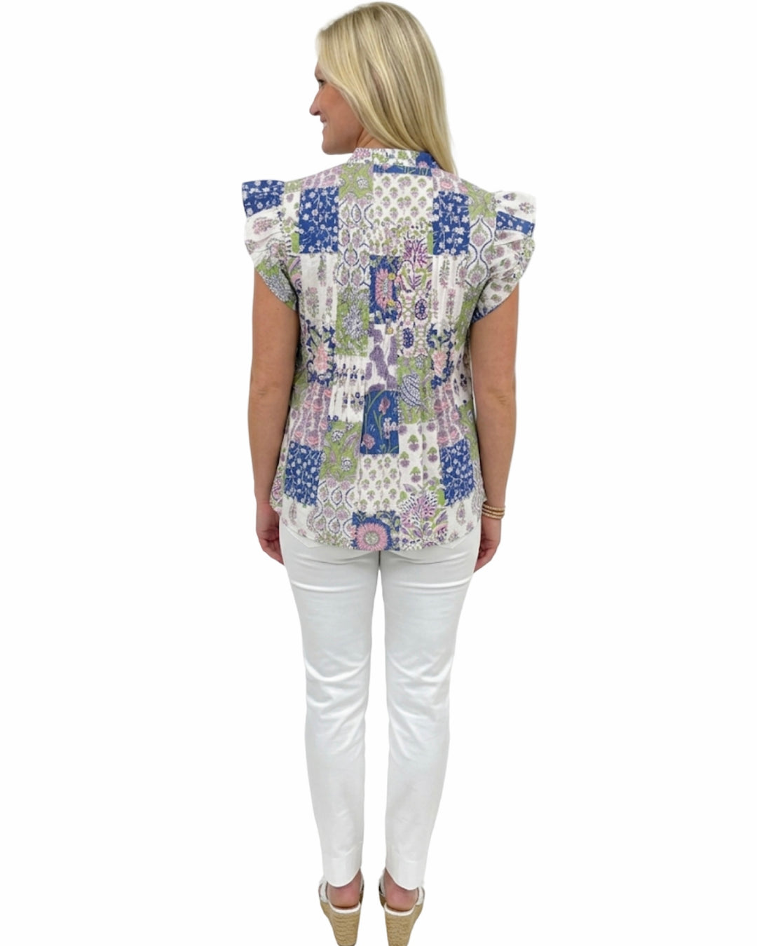 The Ava Pintuck Flutter Sleeve Top in Patch Print Cotton — view 3
