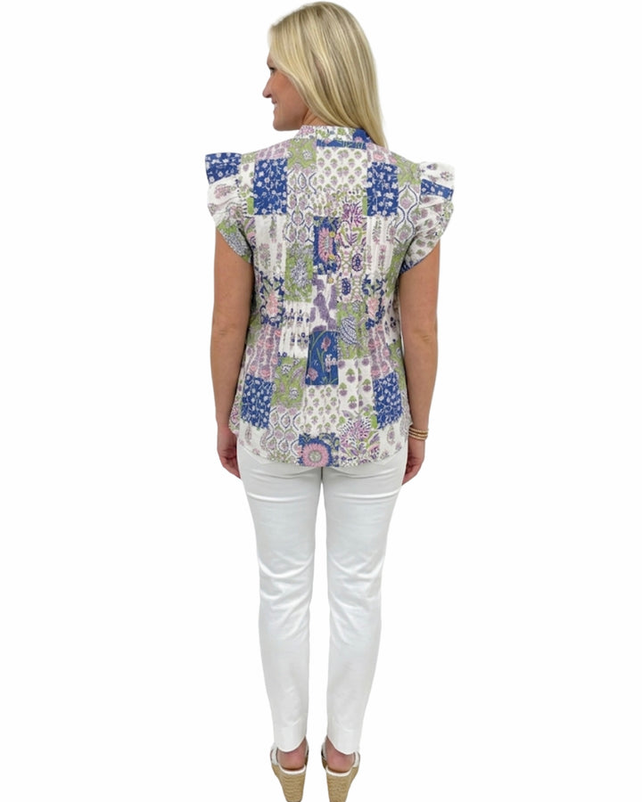 The Ava Pintuck Flutter Sleeve Top in Patch Print Cotton — view 3