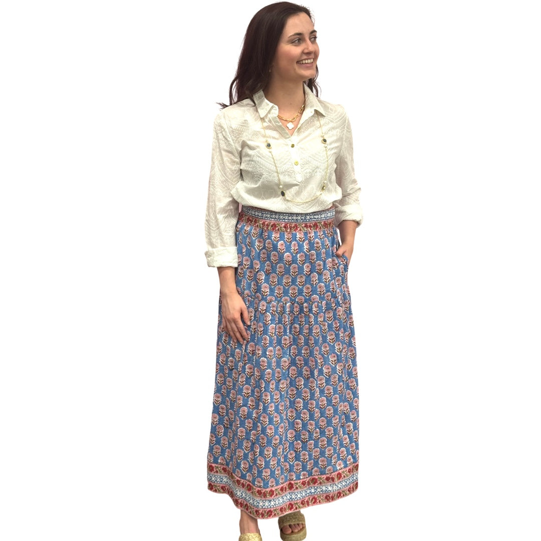 The Lila Border Trim Skirt in Blue and Pink Hand Blocked Cotton — view 7