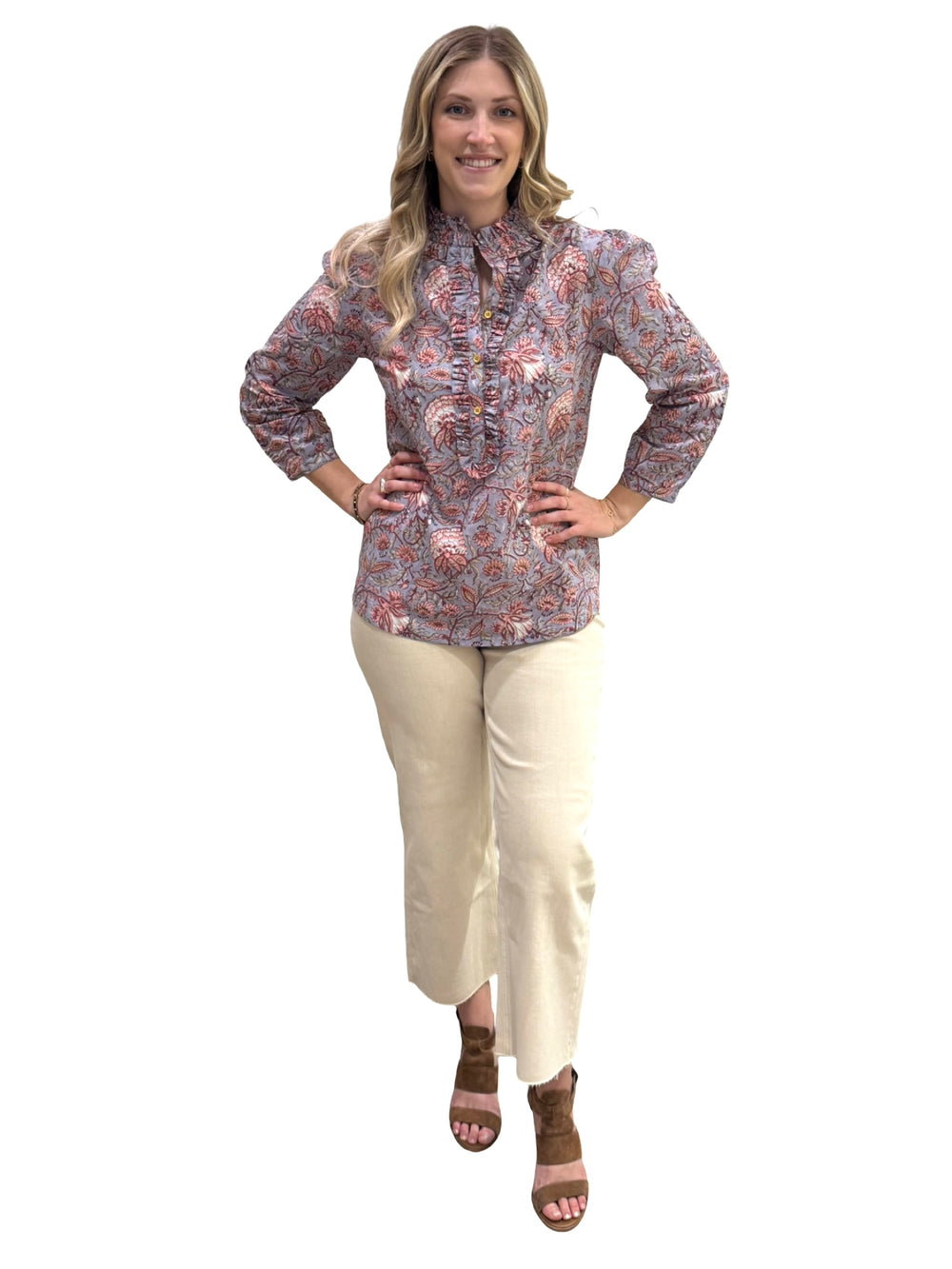 The Carrie Ruffle Trim Top in Blue Grey Handblocked Floral — view 2