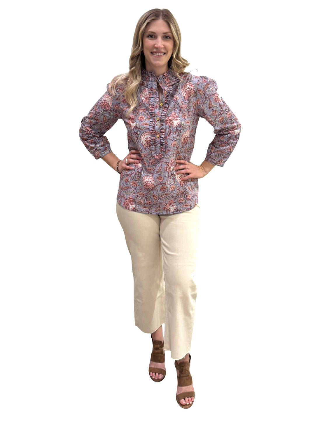The Carrie Ruffle Trim Top in Blue Grey Handblocked Floral — view 2