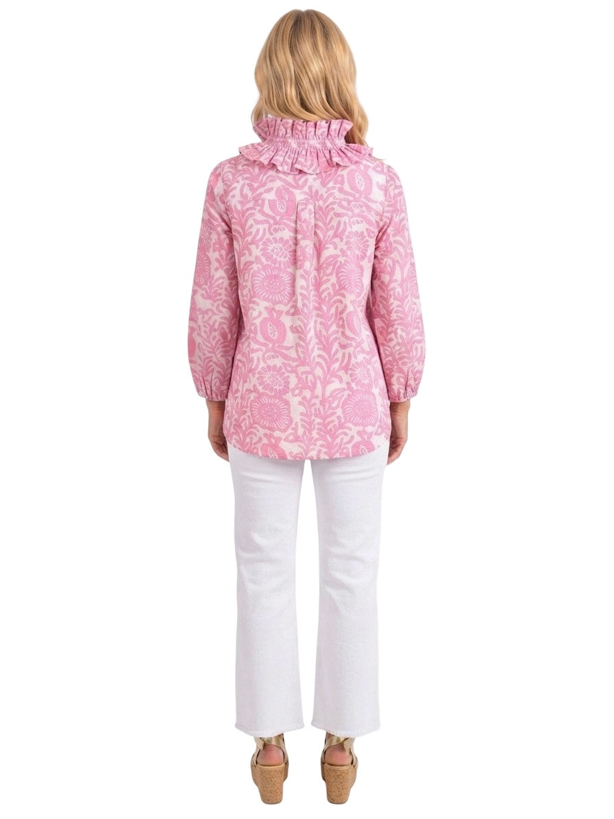The Maria Ruffle Neck Blouse in Pink White Floral
