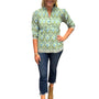The Mandy Button Front Top in Green Hand-block Printed Floral
