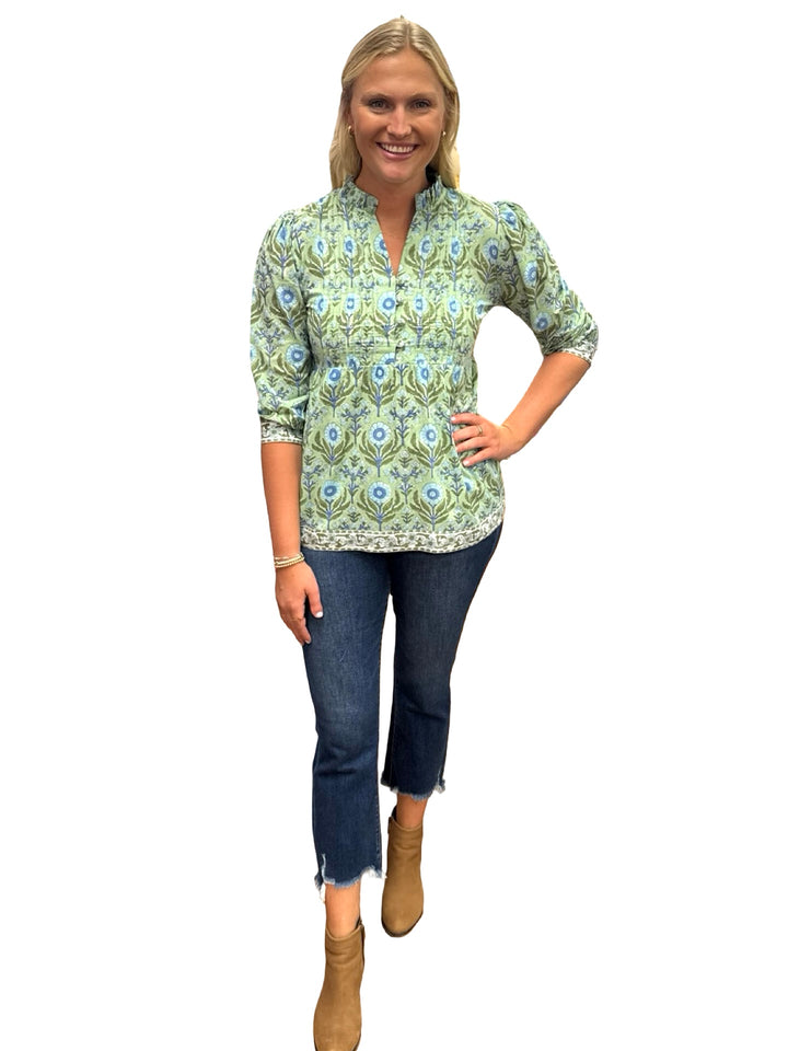 The Mandy Button Front Top in Green Hand-block Printed Floral