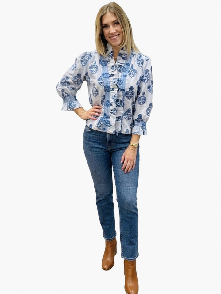 The Amelia Blue Block Print Striped Top