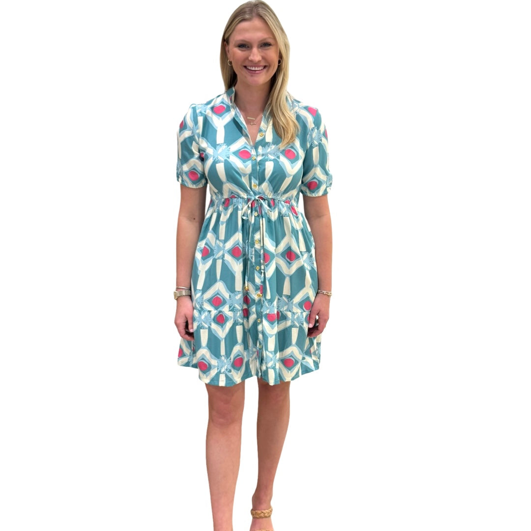 The Hamilton Sage Pink Geometric Print Cinch Tie Waist Short Sleeve Dress — view 3