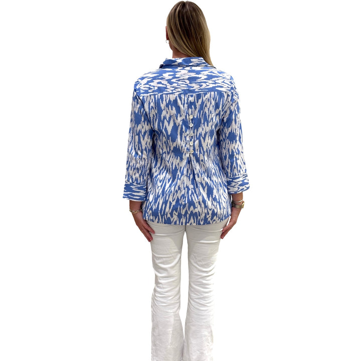 The Mason Button Back Top in Peri and White Ikat — view 3