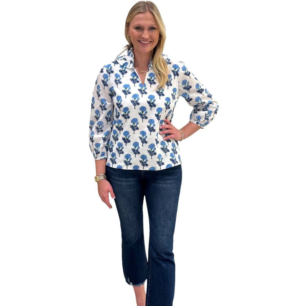 The Laurel Ruffle Collar Top in White and Blue Hand Blocked Floral — view 2