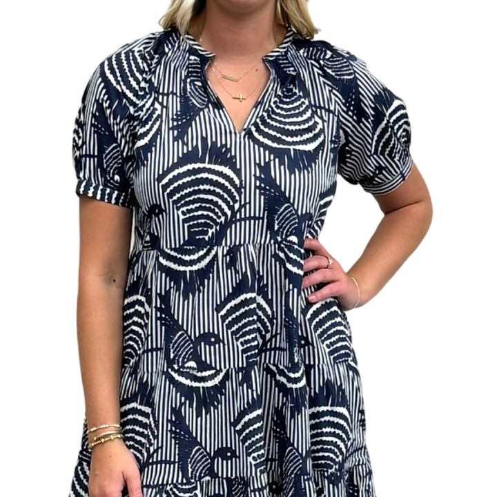 The Dahlia Smocked Neck Dress in Navy Striped Bird Print — view 6