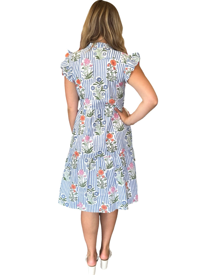 The Campbell Midi Length Flutter Sleeve Dress in Blue Striped Floral — view 6