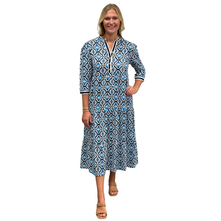 The Addison Blue White Geometric Tile Print Dress — view 2