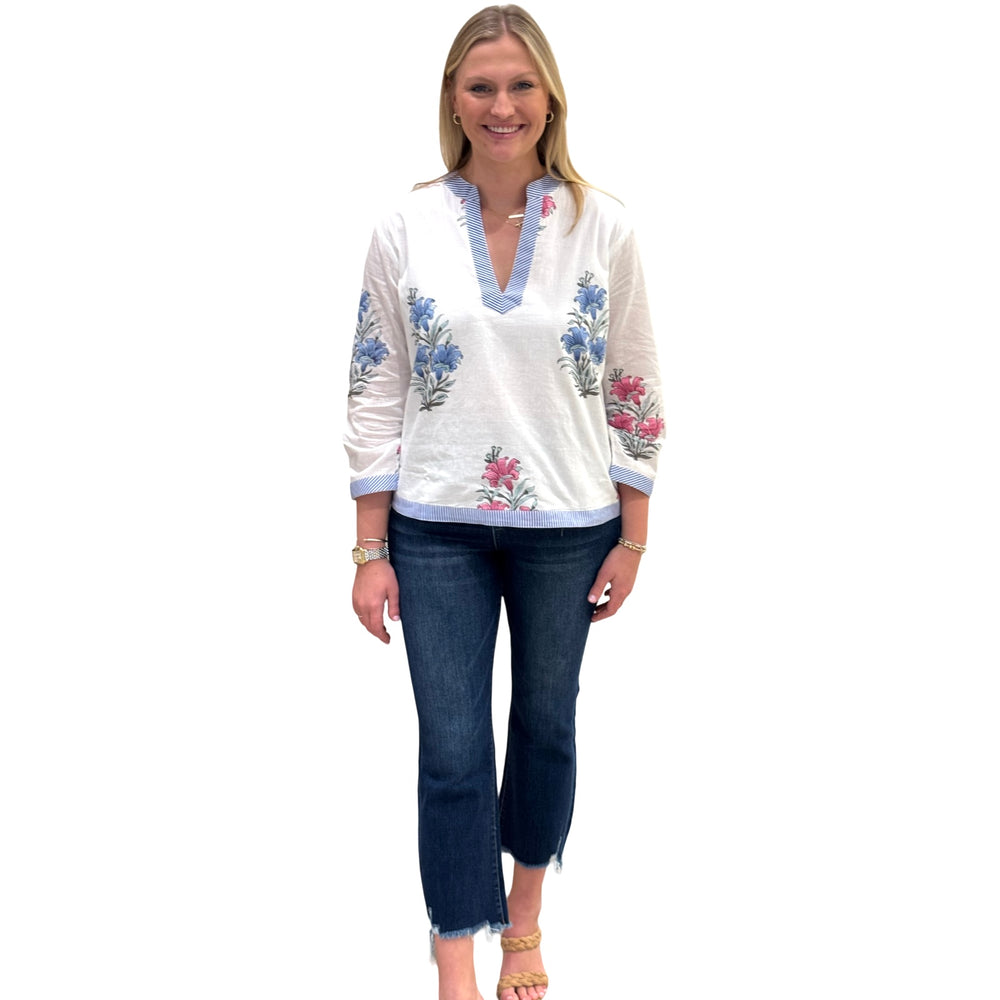 The Kelsea Striped Trim Hand-Blocked Floral Top — view 2
