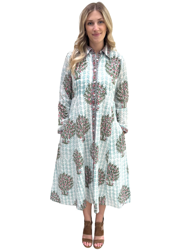 The Marion Hand Block Printed Dress in Aqua Floral — view 4