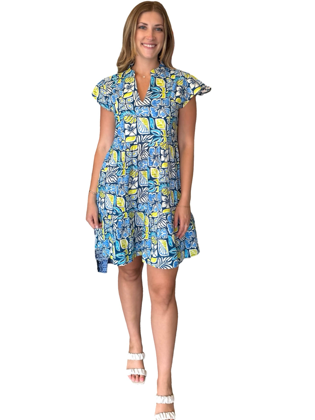The Preston Short Sleeve Cotton Dress in Blue Green Multi