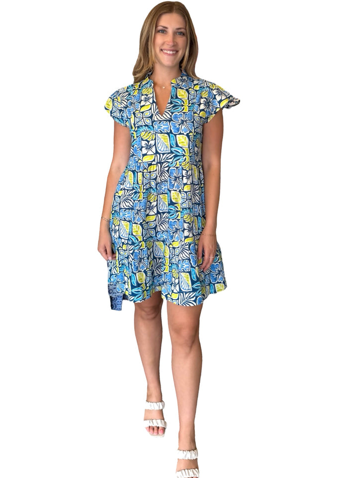 The Preston Short Sleeve Cotton Dress in Blue Green Multi
