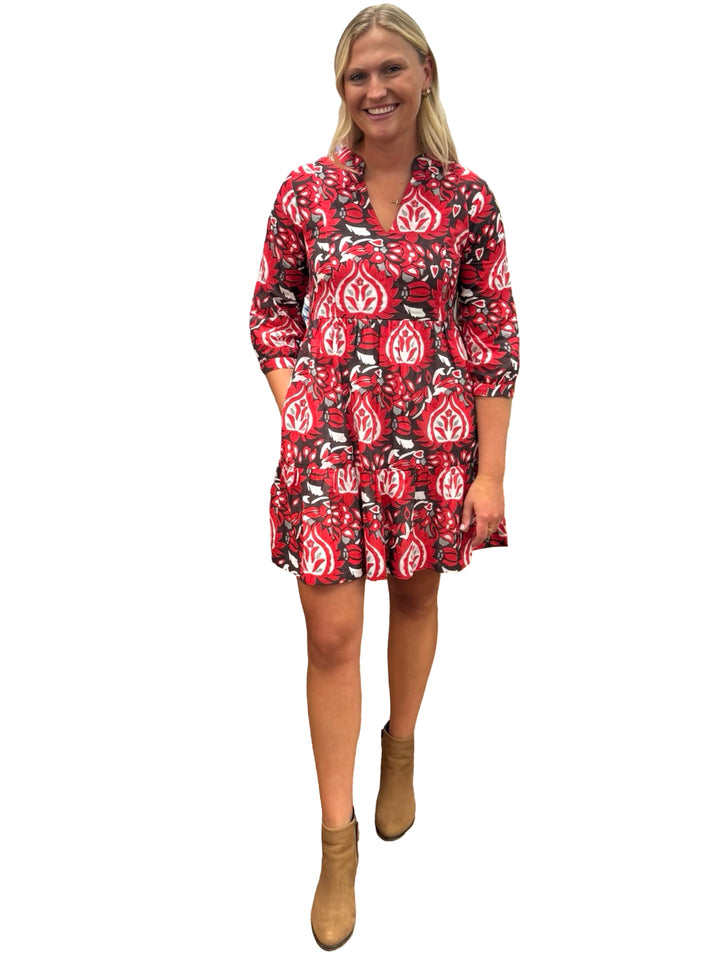 The Preston 3/4 Sleeve Cotton Dress in Red and Brown Abstract
