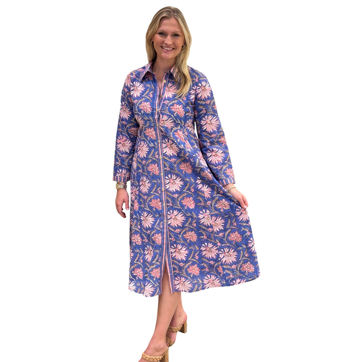 The Marion Lavender Blue and Pink Floral Hand Block Printed Dress — view 4