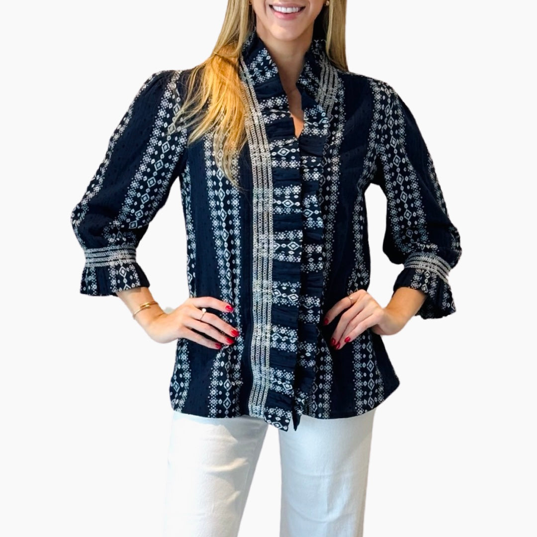 The Amelia Smocked Ruffle Front Top in Navy and White — view 3