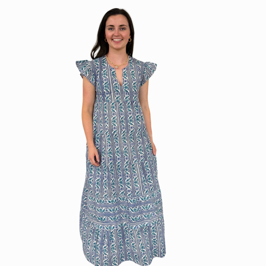 The Isabella Long Flutter Sleeve Maxi Dress in Green Blue Hand-Block — view 4