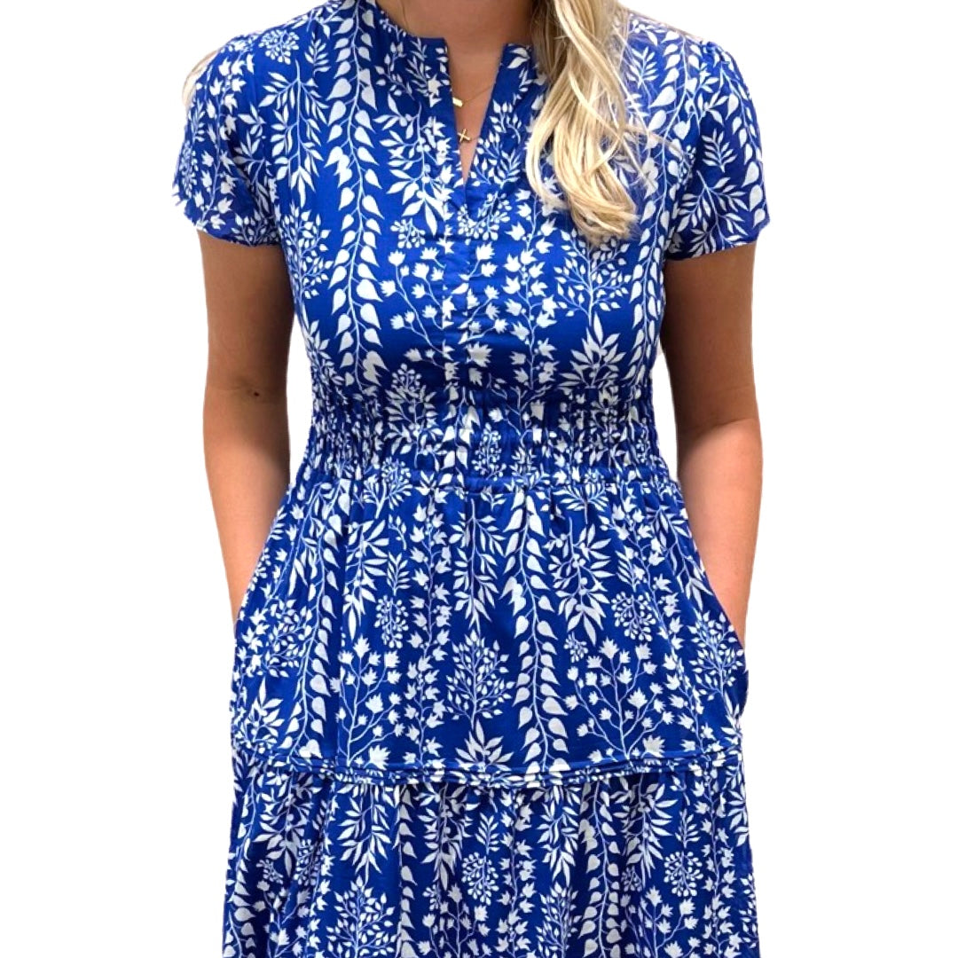 The Sydney Cinch Waist Dress in Royal and White Floral — view 6