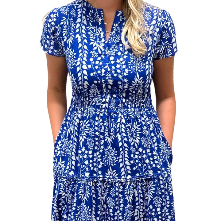 The Sydney Cinch Waist Dress in Royal and White Floral — view 6