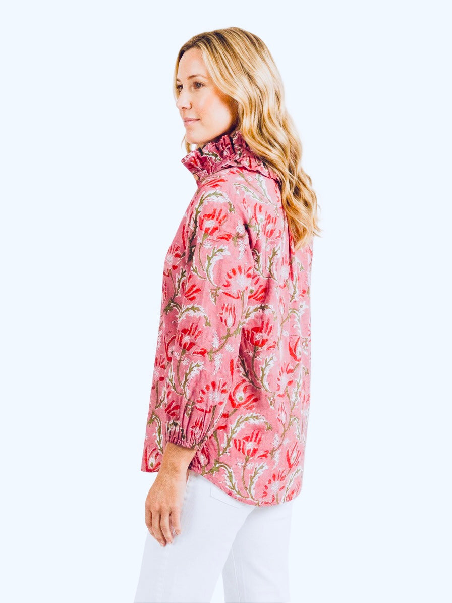 The Maria Ruffle Neck Blouse in Pink Rose Hand Block Printed Floral — view 3