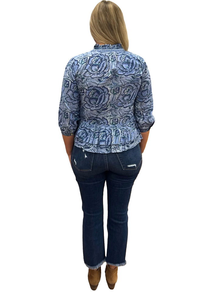 The Bella 3/4 Sleeve Ruffle Trim Top in Blue Hand Block Printed Floral