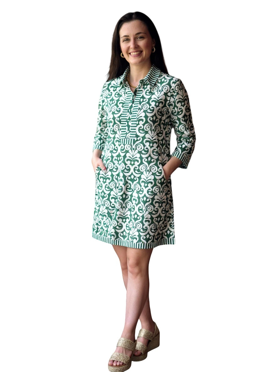 The Annika Cotton Dress in Emerald Green and White