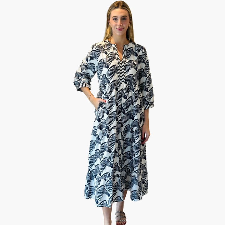 The Daniella Zebra Print Embroidered Trim Midi Dress in Navy — view 2