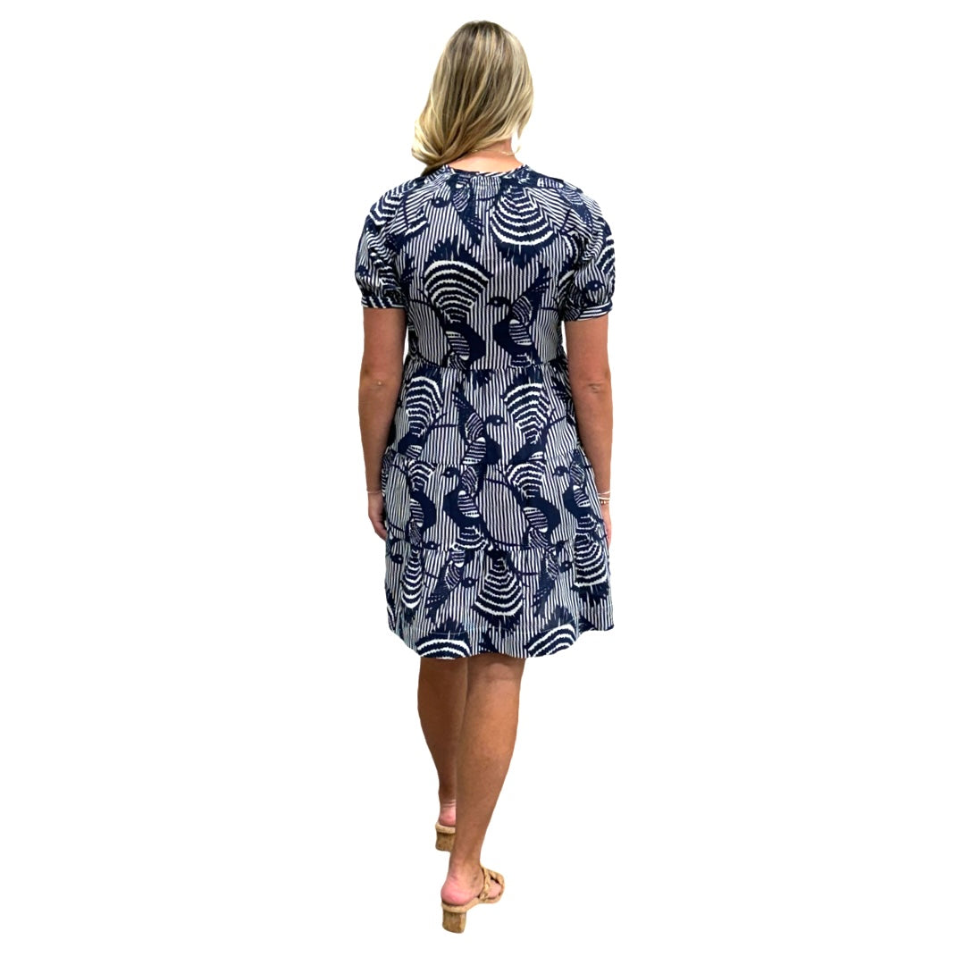 The Dahlia Smocked Neck Dress in Navy Striped Bird Print — view 8