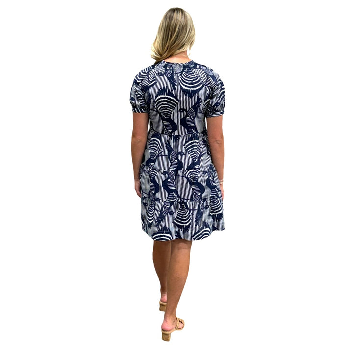 The Dahlia Smocked Neck Dress in Navy Striped Bird Print — view 8