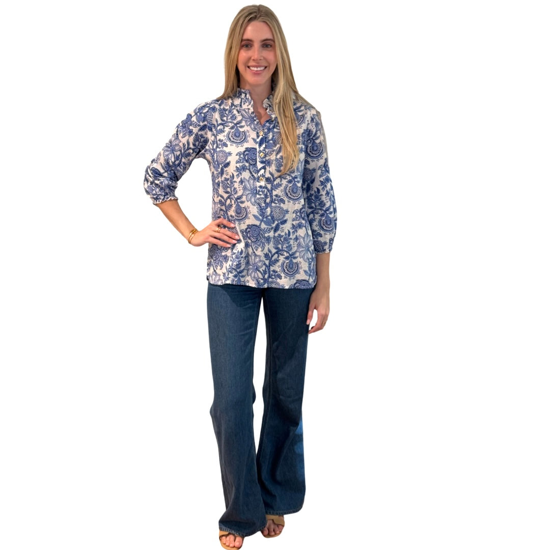 The Tricia Hand Blocked Floral Top in White and Blue Floral — view 3