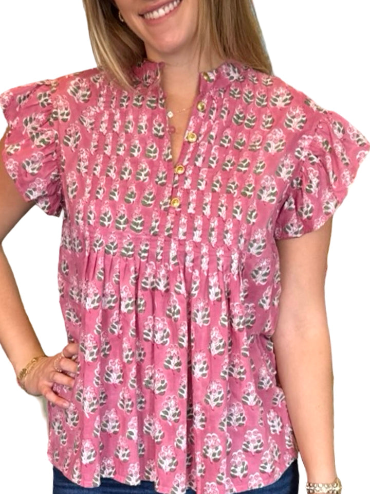 The Ava Pintuck Cotton Top in Rase Pink Hand Block Printed Floral