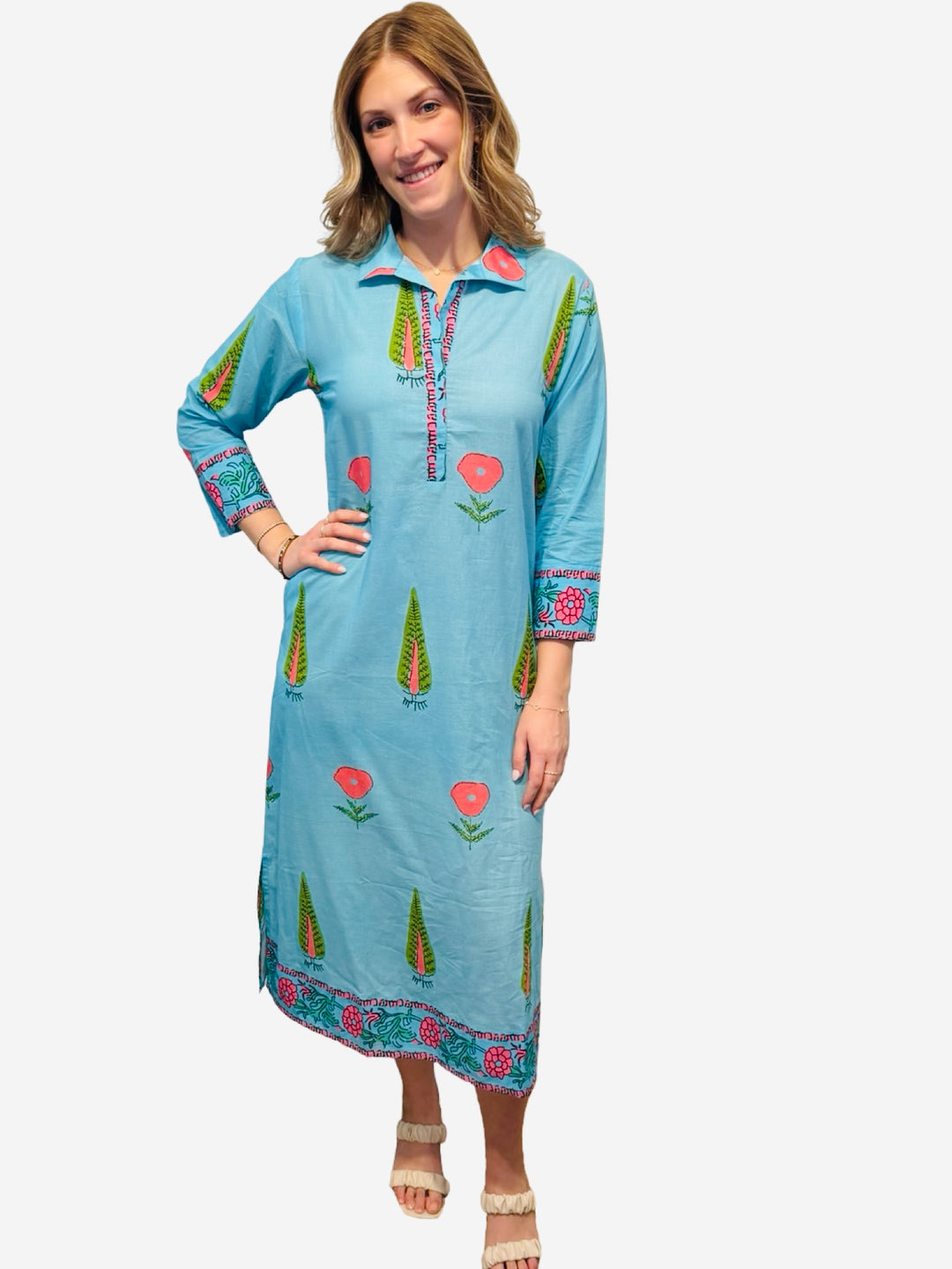 The Lisette Cotton Border Print Dress in Aqua Blue and Pink — view 3