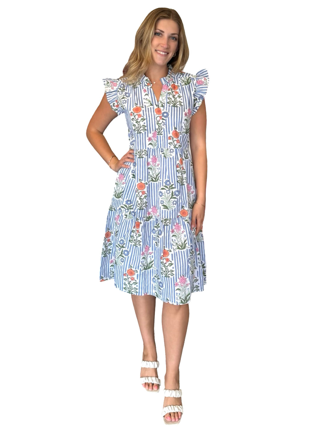 The Campbell Midi Length Flutter Sleeve Dress in Blue Striped Floral — view 3