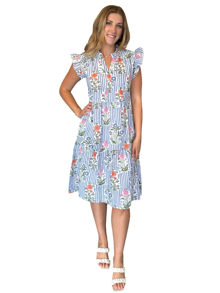 The Campbell Midi Length Flutter Sleeve Dress in Blue Striped Floral — view 3