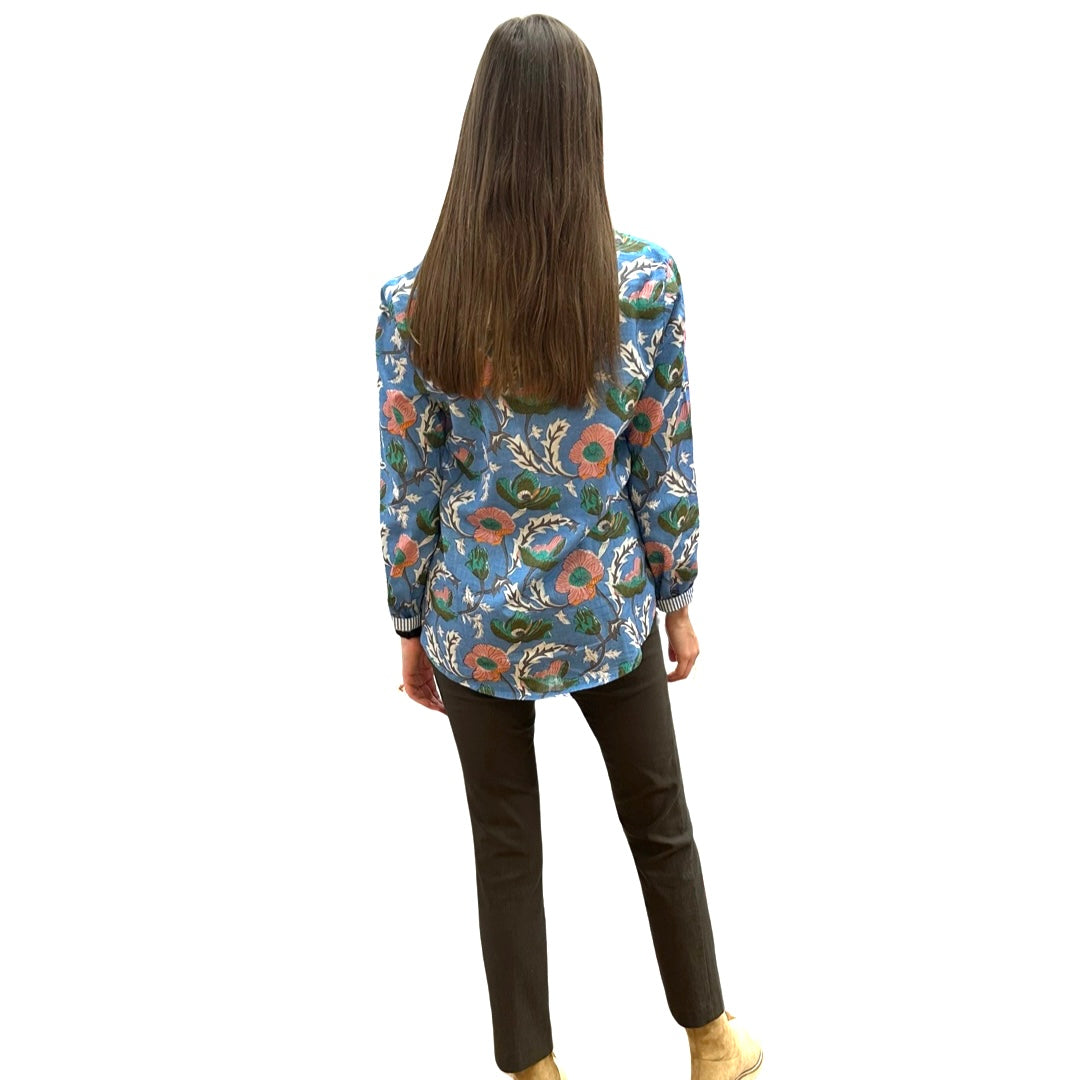 The Avery Cotton Block Print Top in Mediterranean  Blue Floral — view 5