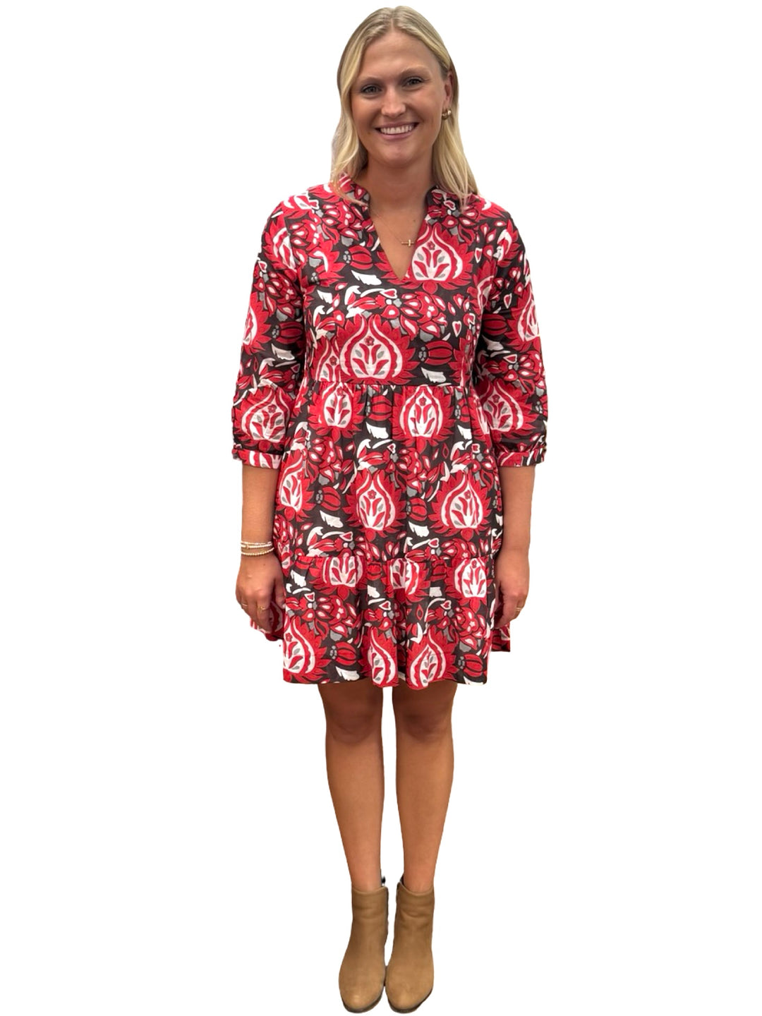 The Preston 3/4 Sleeve Cotton Dress in Red and Brown Abstract