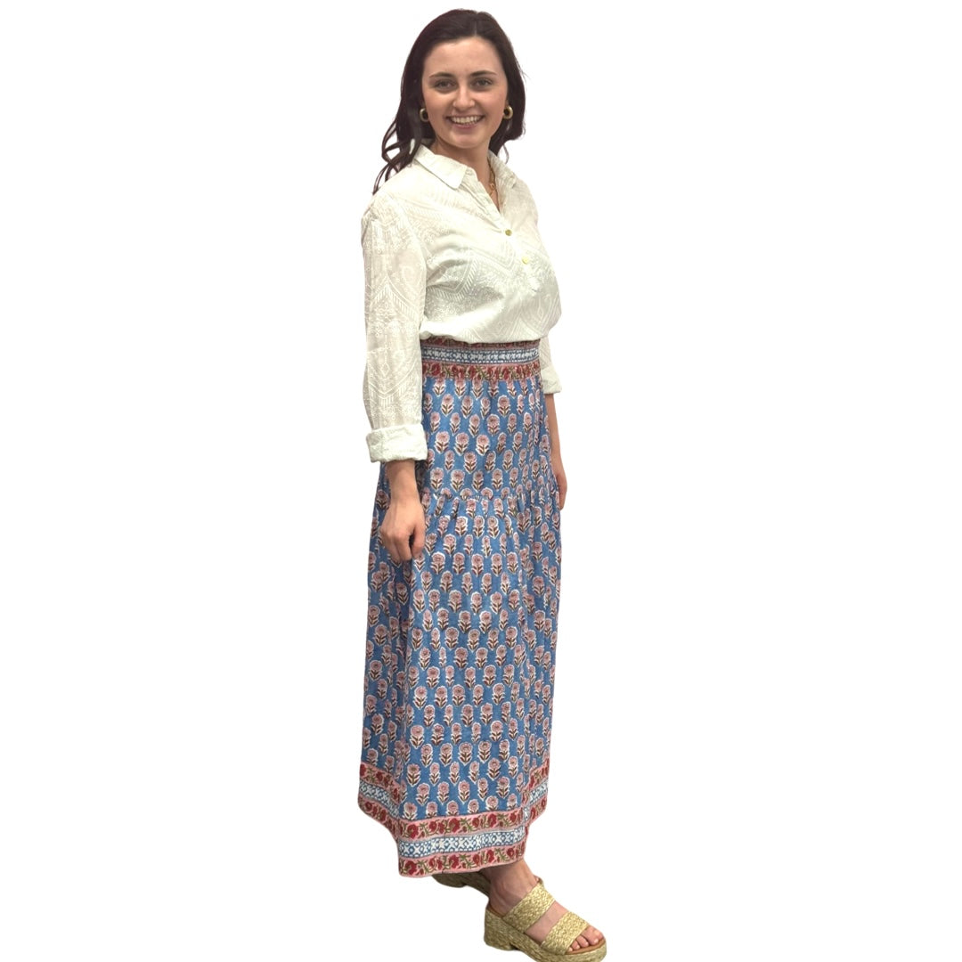 The Lila Border Trim Skirt in Blue and Pink Hand Blocked Cotton — view 3